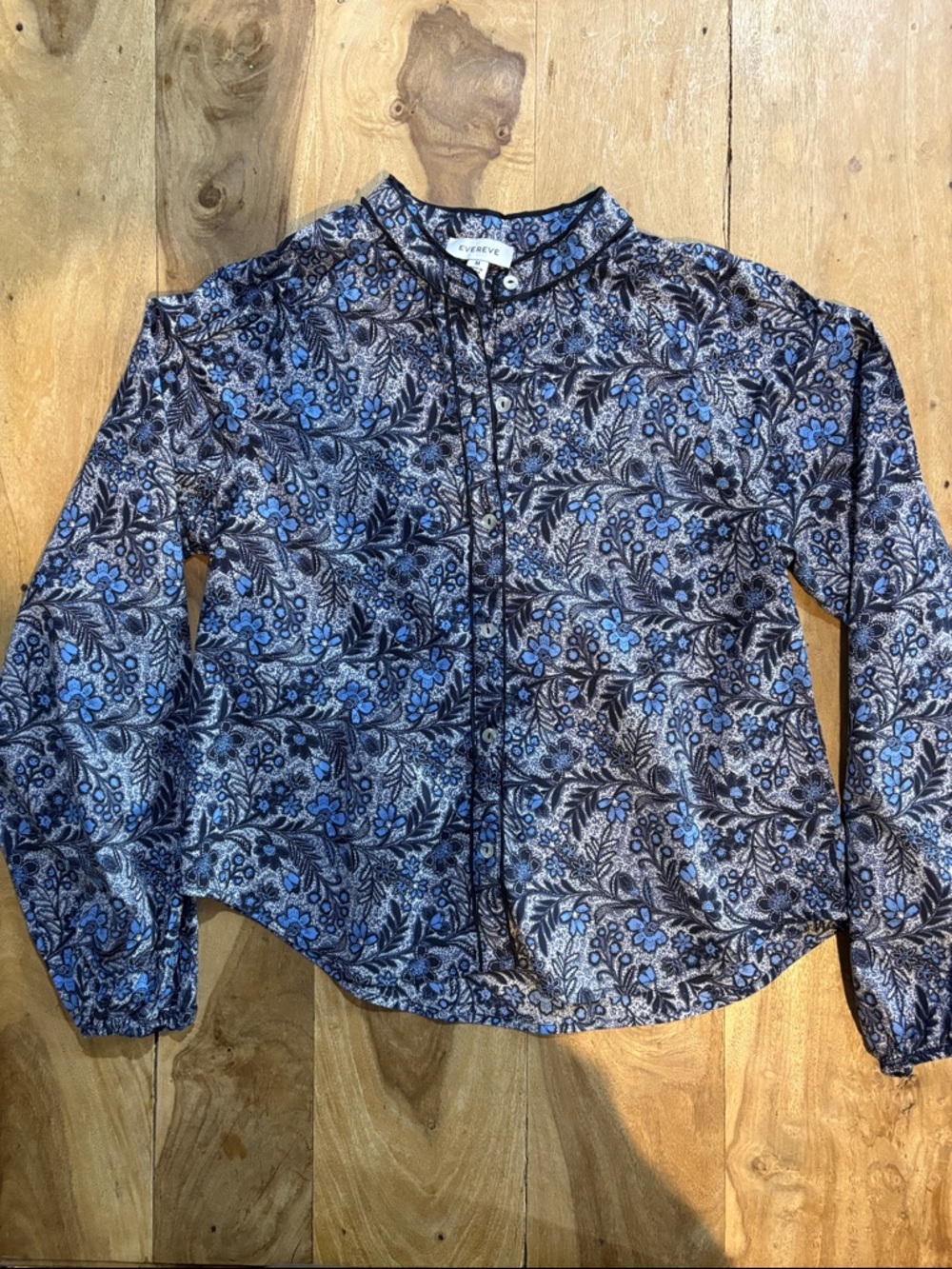 Evereve Navy and Light Blue Floral Button-Front Blouse, 100% cotton, worn 3x